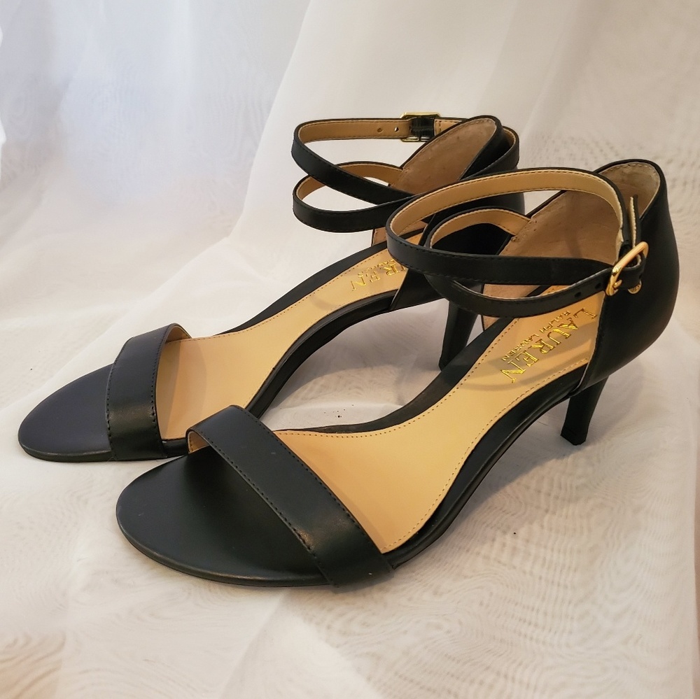 Ralph Lauren Glinda Black Leather Heel Sandal 6B